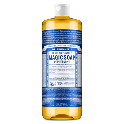Dr. Bronner&amp;#39;s Pure-Castile Magic Liquid Soap - Made with Regenerative Organic Certified Oils- 18-in-1 Uses for Face, Body, Hand, Hair, Laundry &amp;amp; More- Vegan, Non-GMO- Body Wash- Peppermint,32oz
