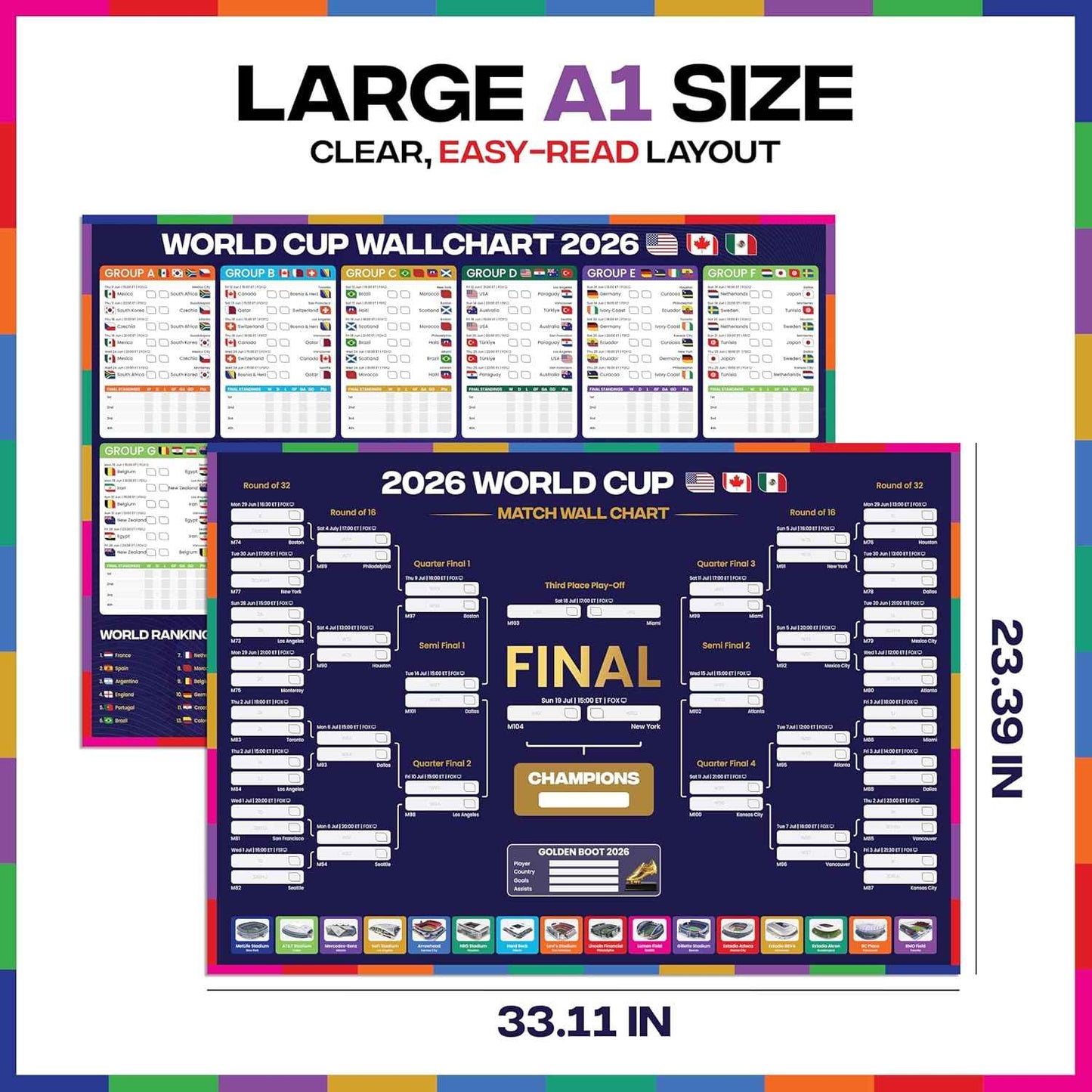 2026 World Cup Bracket Poster 2026 | A1 Size 2026 World Cup Soccer Poster with US Kick Off Times, Fixtures, Stadiums & Host Cities | World Cup Wall Chart