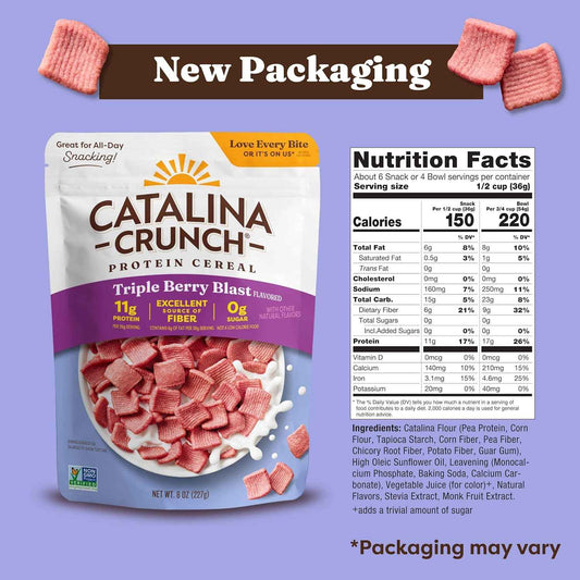 Catalina Crunch Protein Cereal - Sugar Free Breakfast Cereal with 11g of Protein - Gluten Free - Triple Berry Blast - 8 oz. Bag (Pack of 1), Packaging May Vary