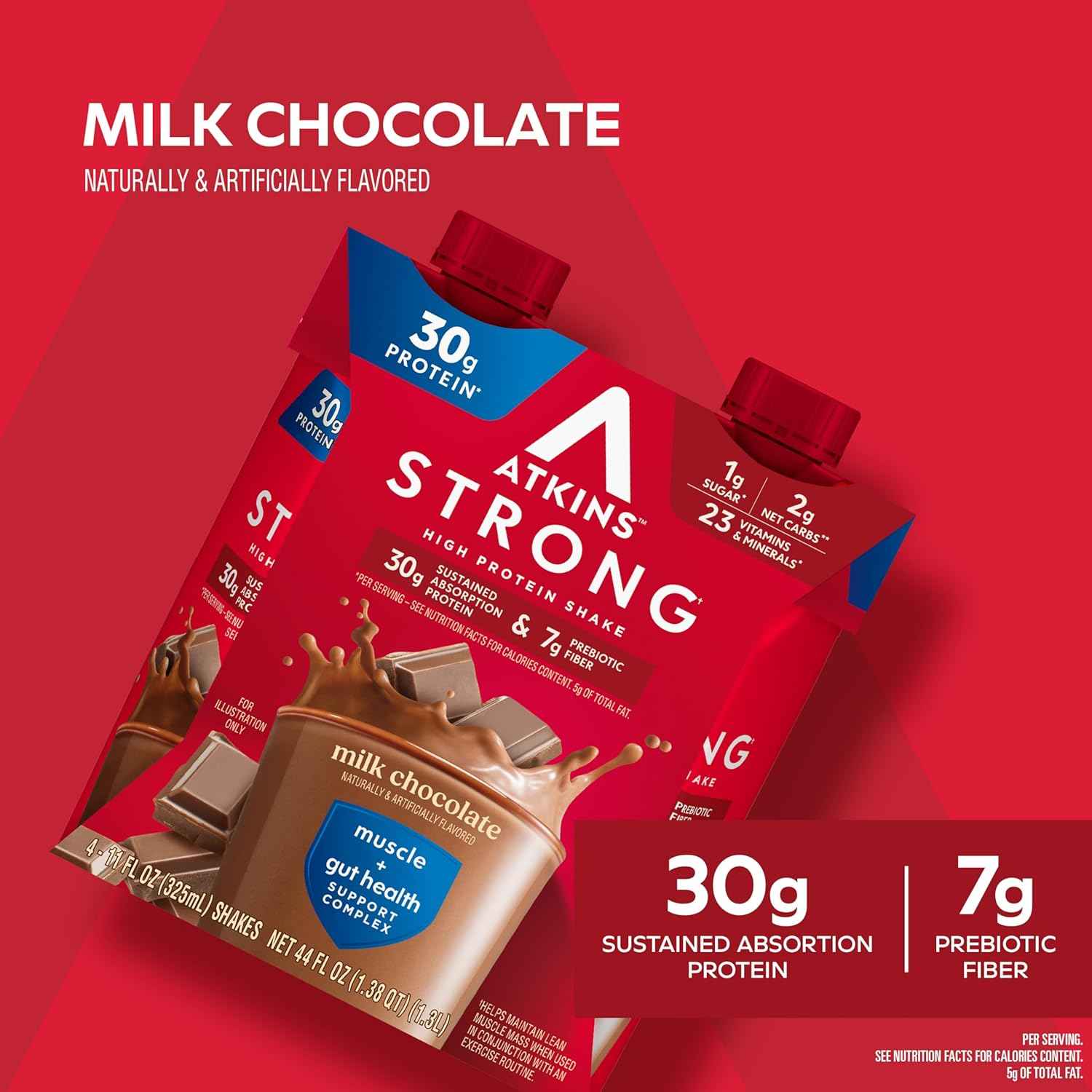 Atkins Strong High Protein Shake, 30g Protein, 7g Prebiotic Fiber, 1g Sugar, GLP-1 Support, Muscle & Gut Health Support Complex