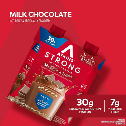 Atkins Strong High Protein Shake, 30g Protein, 7g Prebiotic Fiber, 1g Sugar, GLP-1 Support, Muscle & Gut Health Support Complex