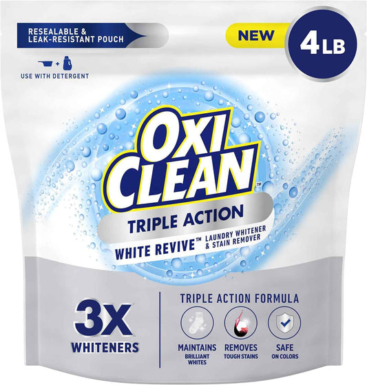 OxiClean Triple Action White Revive Laundry Whitener and Stain Remover Powder, Use with Detergent, Whitens and Brightens Clothes, Removes Tough Stains, Color Safe, Chlorine Free