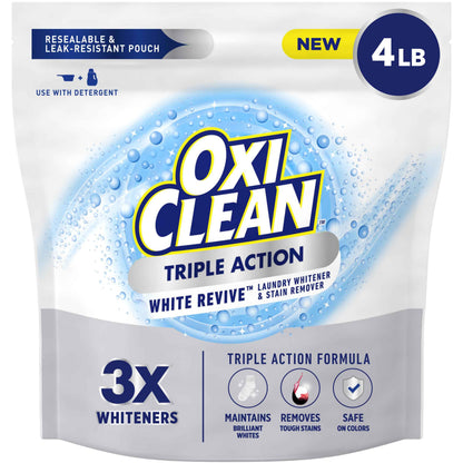 OxiClean Triple Action White Revive Laundry Whitener and Stain Remover Powder, Use with Detergent, Whitens and Brightens Clothes, Removes Tough Stains, Color Safe, Chlorine Free