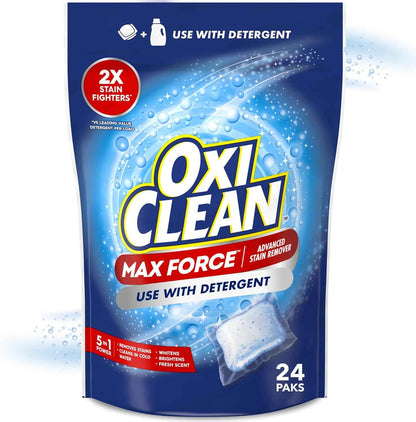 OxiClean Max Force Advanced Stain Remover Power Paks, Color-Safe, Bleach-Free Kids and Baby Essential, Use with Detergent to Remove Messy Stains like Berries, Juice, Mud, Grass, 24 Count