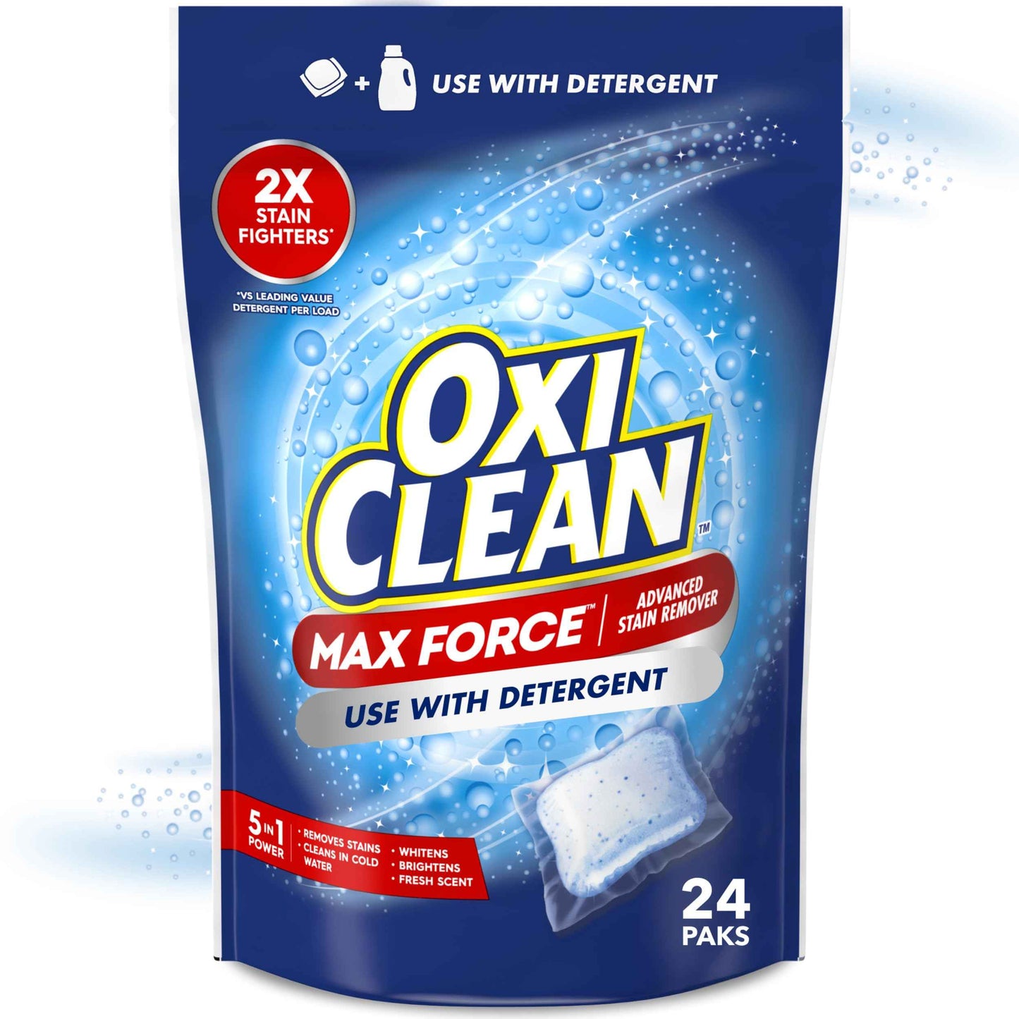 OxiClean Max Force Advanced Stain Remover Power Paks, Color-Safe, Bleach-Free Kids and Baby Essential, Use with Detergent to Remove Messy Stains like Berries, Juice, Mud, Grass, 24 Count