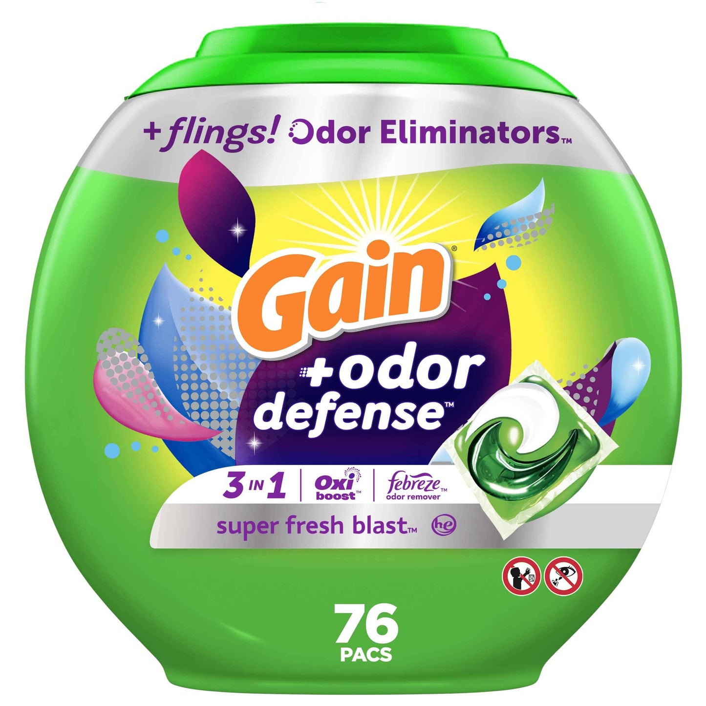 Gain Flings Laundry Detergent Pacs with Odor Defense, Super Fresh Blast Scent, HE 3in1 with Febreze and Oxi