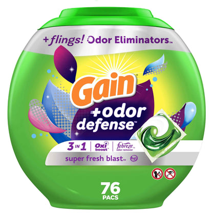Gain Flings Laundry Detergent Pacs with Odor Defense, Super Fresh Blast Scent, HE 3in1 with Febreze and Oxi