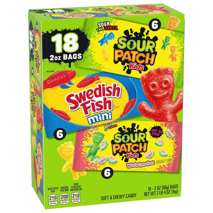 SOUR PATCH KIDS and SWEDISH FISH Mini Soft & Chewy Candy Variety Pack, Bulk Candy, 18-2 oz Bags