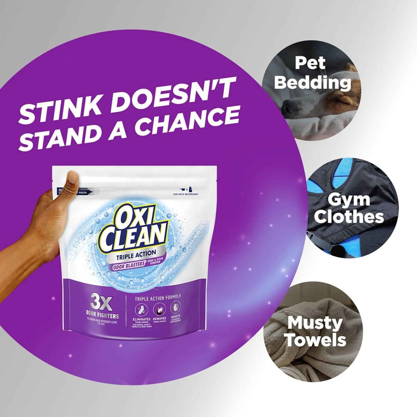 OxiClean Triple Action Odor and Stain Remover Powder, Use with Detergent, Eliminates Tough Odors and Removes Stains, Color Safe and Chlorine Free