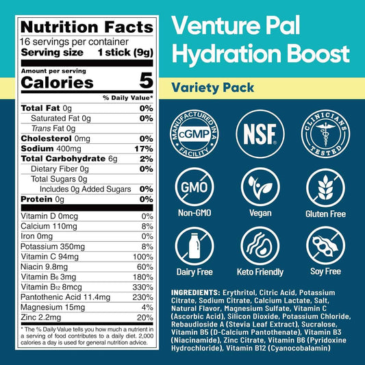 Venture Pal Sugar Free Electrolyte Powder Packets - Liquid Daily IV Hydration Packets for Rapid Rehydration | 7 Electrolytes & 5 Vitamins | Keto Friendly | Non-GMO | Vegan | Fast Dissolve | 16 Sticks