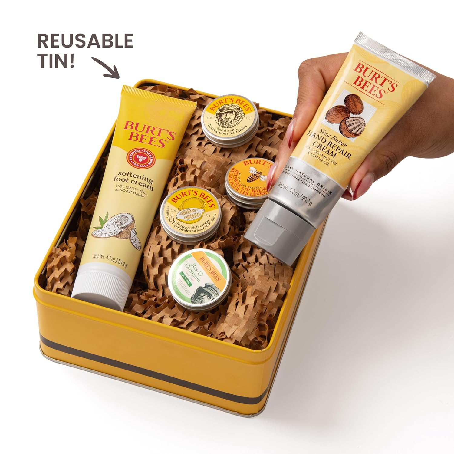 Burt's_Bees_Gifts_Ideas_-_Classics_Set,_6_Products_in_Giftable_Tin_a€“_Cuticle_Cream,_Hand_Salve,_Lip_Balm,_Res-Q_Ointment,_Hand_Repair_and_Foot_Cream