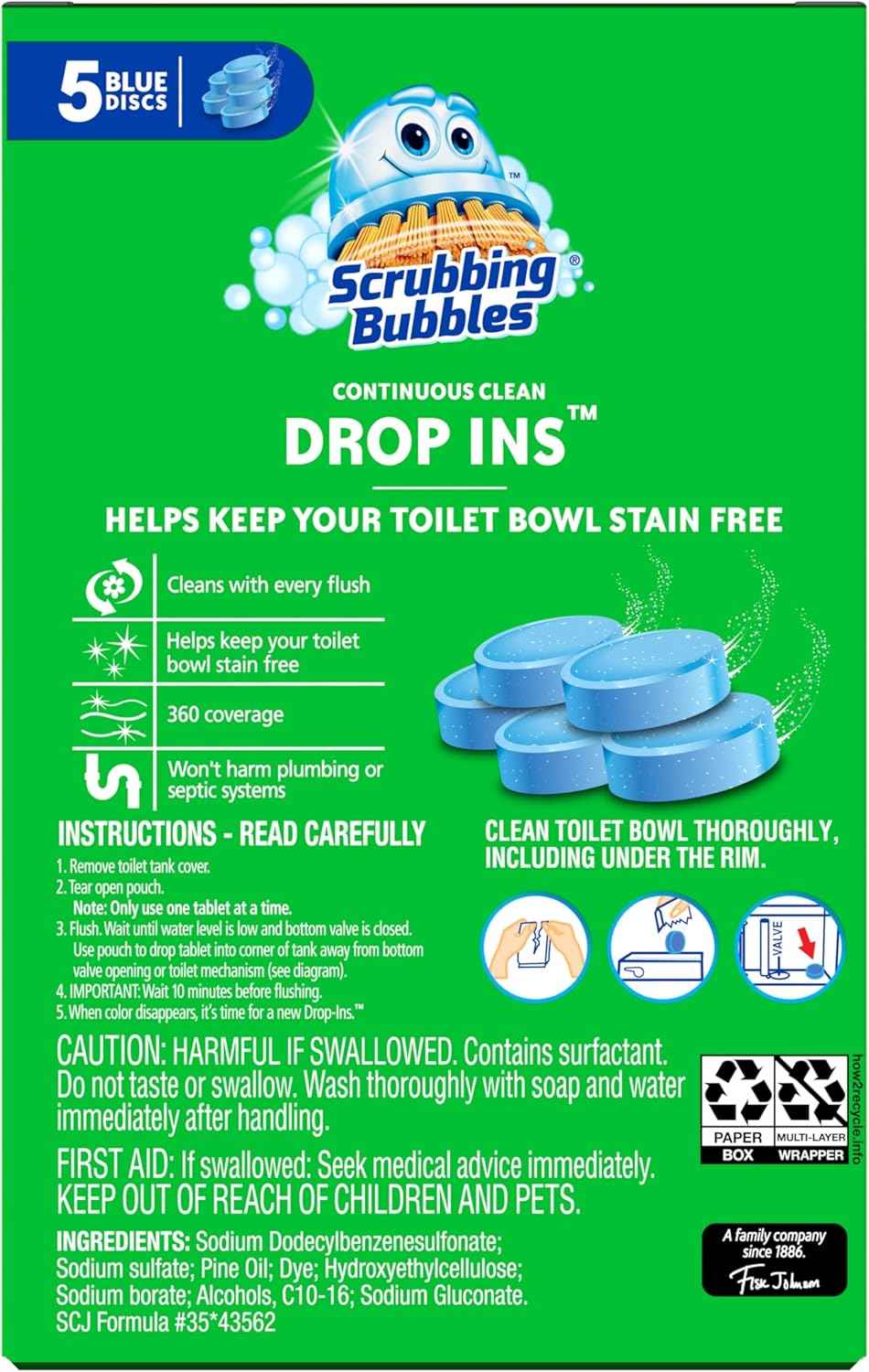 Scrubbing Bubbles Continuous Clean Toilet Drop-Ins, Automatic Blue Toilet Bowl Cleaner, Septic-Safe Tank Tablets Remove Hard Water Minerals & Limescale, Stain & Smell Protection