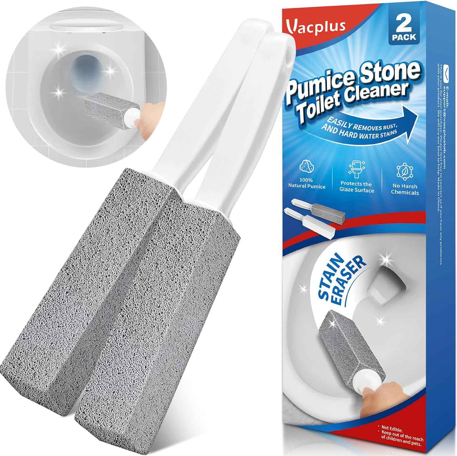 Vacplus Toilet Brush - Toilet Bowl Cleaners with Extra Long Handle, 100% Pumice Stone for Toilet Cleaning, Remove Limescale, Rust, Cleaning Supplies for Toilet, Pool, Bathroom, Sink