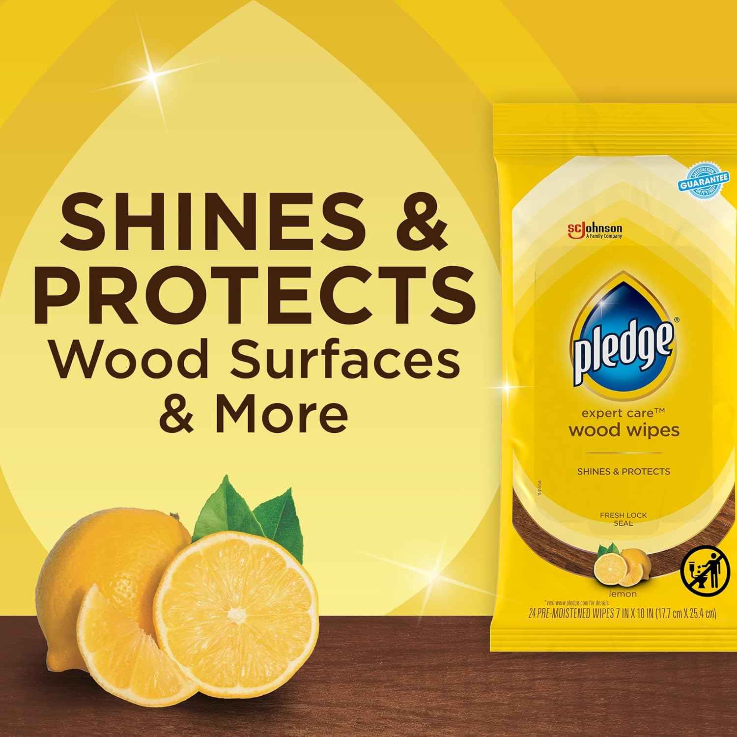 Pledge Expert Care Enhancing Wood Wipes, Lemon Scent, 24 Count