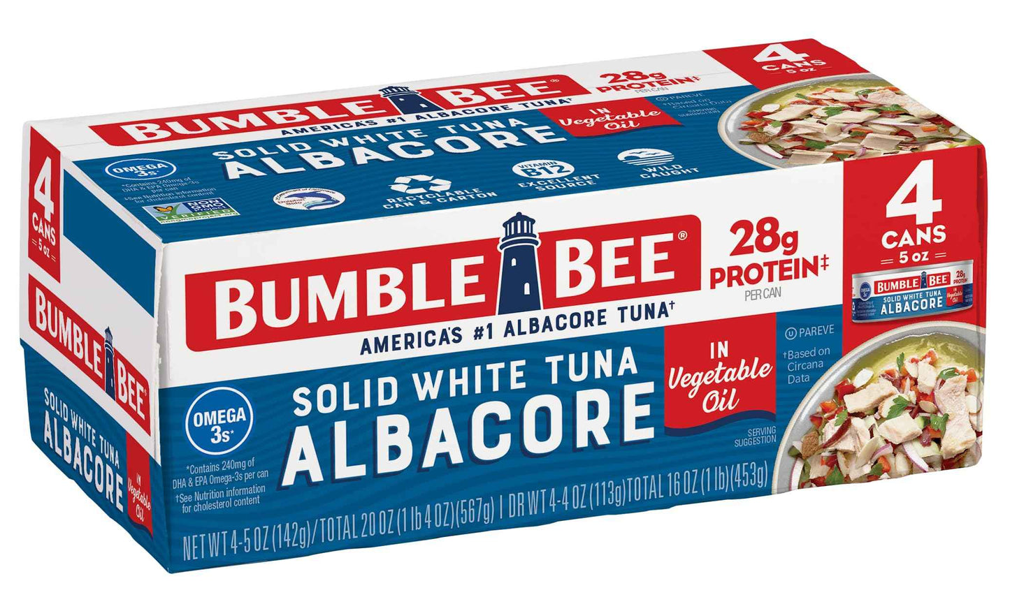 Bumble Bee Solid White Albacore Tuna, Can - Wild Caught Tuna - 29g Protein per Serving, High in Omega-3s - Non-GMO Project Verified, Gluten Free, Kosher