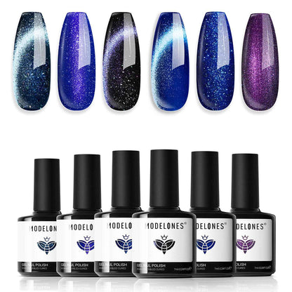 modelones Cat Eye Gel Nail Polish, 6 Colors Shimmer Pearl Magnetic Nail Drawing Set with Magnet, Iridescent Mermaid Swirl Shell Thread Purple Pink Blue Glitter, DIY Manicure Gift for Women Girl
