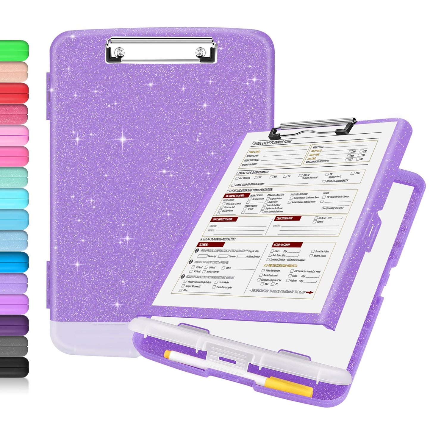 Sooez Glitter Clipboard with Storage, High Capacity Clip Boards 8.5x11 with Pen Holder, Cute Clipboards with Low Profile Clip, Sparkle Plastic Organizer Case Box for Women &amp;amp; Kids, Side Opening