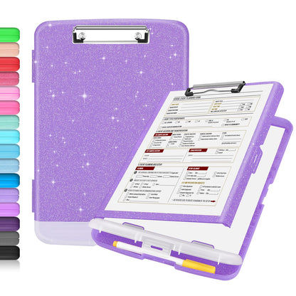 Sooez Glitter Clipboard with Storage, High Capacity Clip Boards 8.5x11 with Pen Holder, Cute Clipboards with Low Profile Clip, Sparkle Plastic Organizer Case Box for Women &amp;amp; Kids, Side Opening