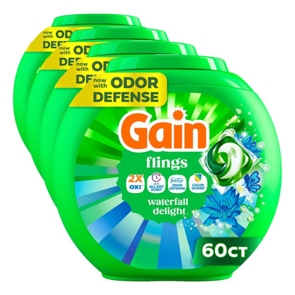 Gain Flings Liquid Washing Detergent Pacs, Now with Odor Defense + Color Guard, Waterfall Delight Scent, 4-In-1 Liquid Laundry Detergent Pods, Clean & Fresh
