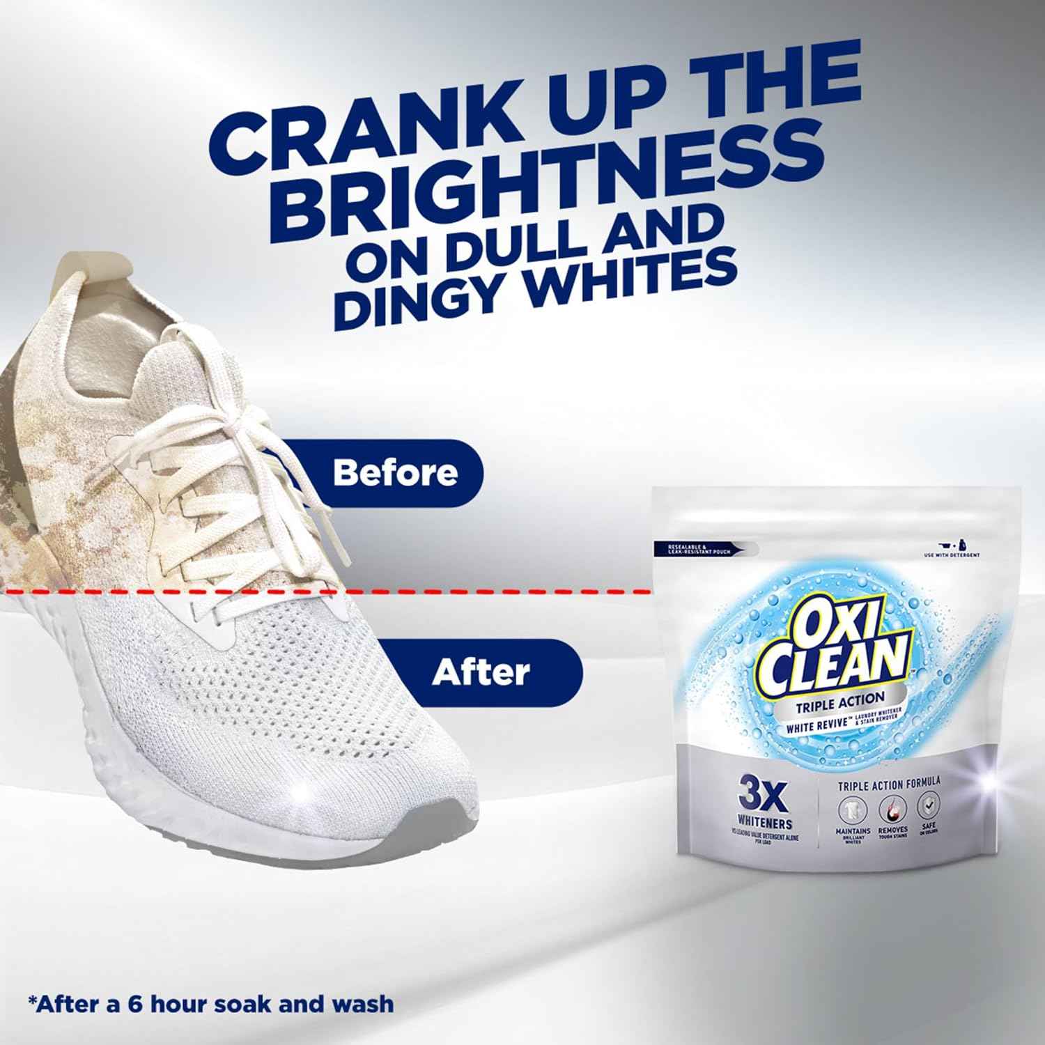 OxiClean Triple Action White Revive Laundry Whitener and Stain Remover Powder, Use with Detergent, Whitens and Brightens Clothes, Removes Tough Stains, Color Safe, Chlorine Free