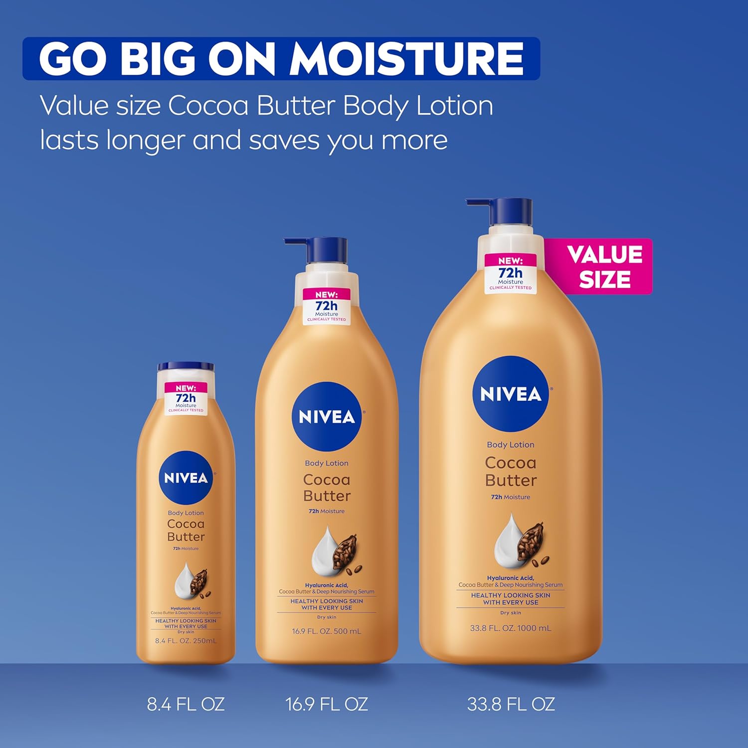NIVEA_Cocoa_Butter_Body_Lotion_for_Dry_Skin_with_Hyaluronic_Acid,_Cocoa_Butter_and_Deep_Nourishing_Serum,_72-Hour_Body_Moisturizer,_33.8_Fl_Oz_Value_Size_Pump_Bottle