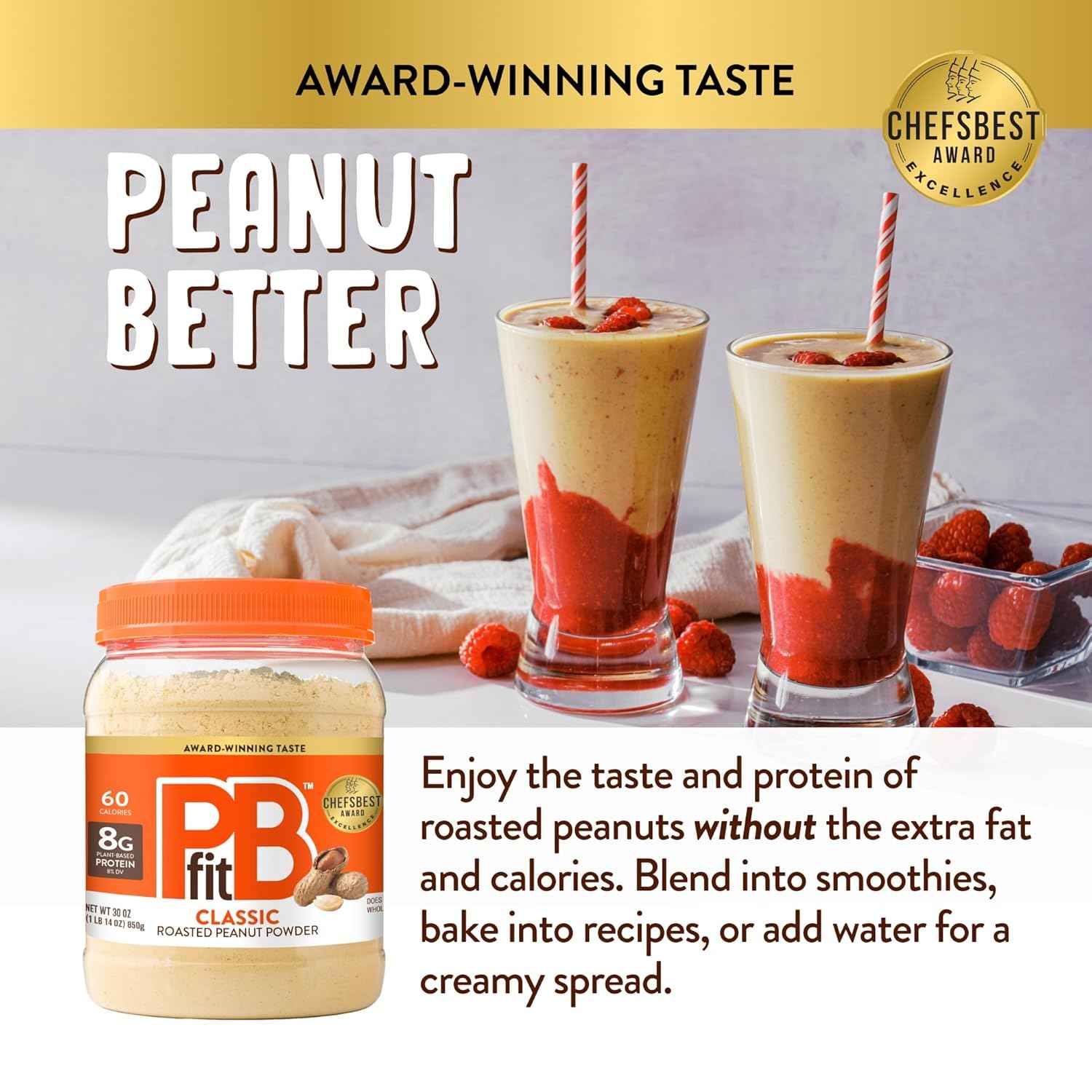PBfit Peanut Butter Powder, Powdered Peanut Butter Spread From Real Roasted Peanuts, 8g of Protein 8% DV, Gluten-Free, 60 calories, 87% less fat