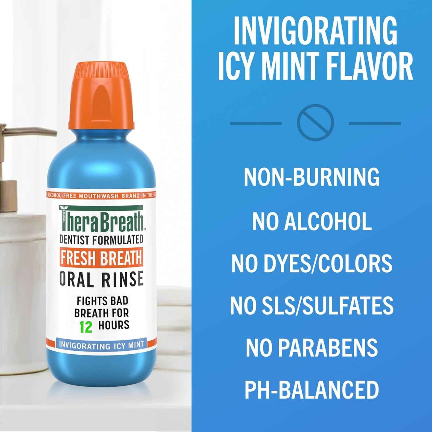 TheraBreath Fresh Breath Oral Rinse, Invigorating ICY Mint Flavor, Dentist Formulated and ADA-Accepted Mouthwash for Bad Breath pH-Balanced, Alcohol Free & Non-Burning