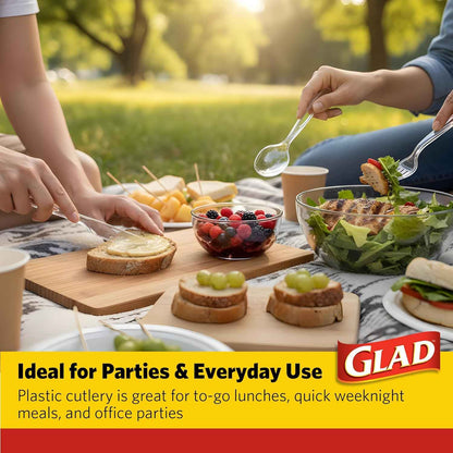 Glad Clear Disposable Cutlery Set with Heavy Duty Plastic Forks, Knives, and Spoons, Reusable Dishwasher Safe Plastic Utensils for Parties and Everyday Use