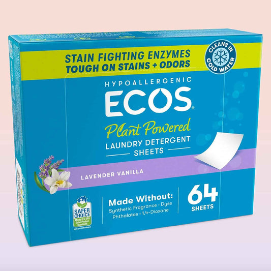 ECOS Laundry Detergent Sheets Vegan, No Plastic Jug, No Mess, Liquid Free - Hypoallergenic, Plant Powered Laundry Detergent Sheet - Lavender Vanilla