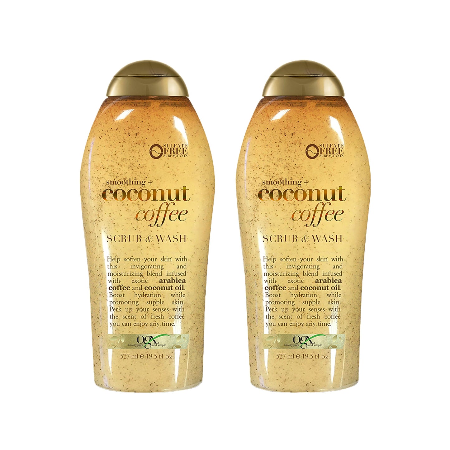 OGX Smoothing + Coconut Coffee Exfoliating Body Scrub with Arabica Coffee &amp;amp; Coconut Oil, Moisturizing Body Wash for Dry Skin, Paraben-Free with Sulfate-Free Surfactants, 19.5 Fl Oz, 2 Pack
