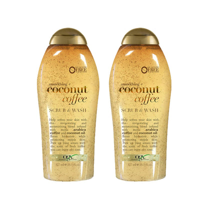 OGX Smoothing + Coconut Coffee Exfoliating Body Scrub with Arabica Coffee &amp;amp; Coconut Oil, Moisturizing Body Wash for Dry Skin, Paraben-Free with Sulfate-Free Surfactants, 19.5 Fl Oz, 2 Pack
