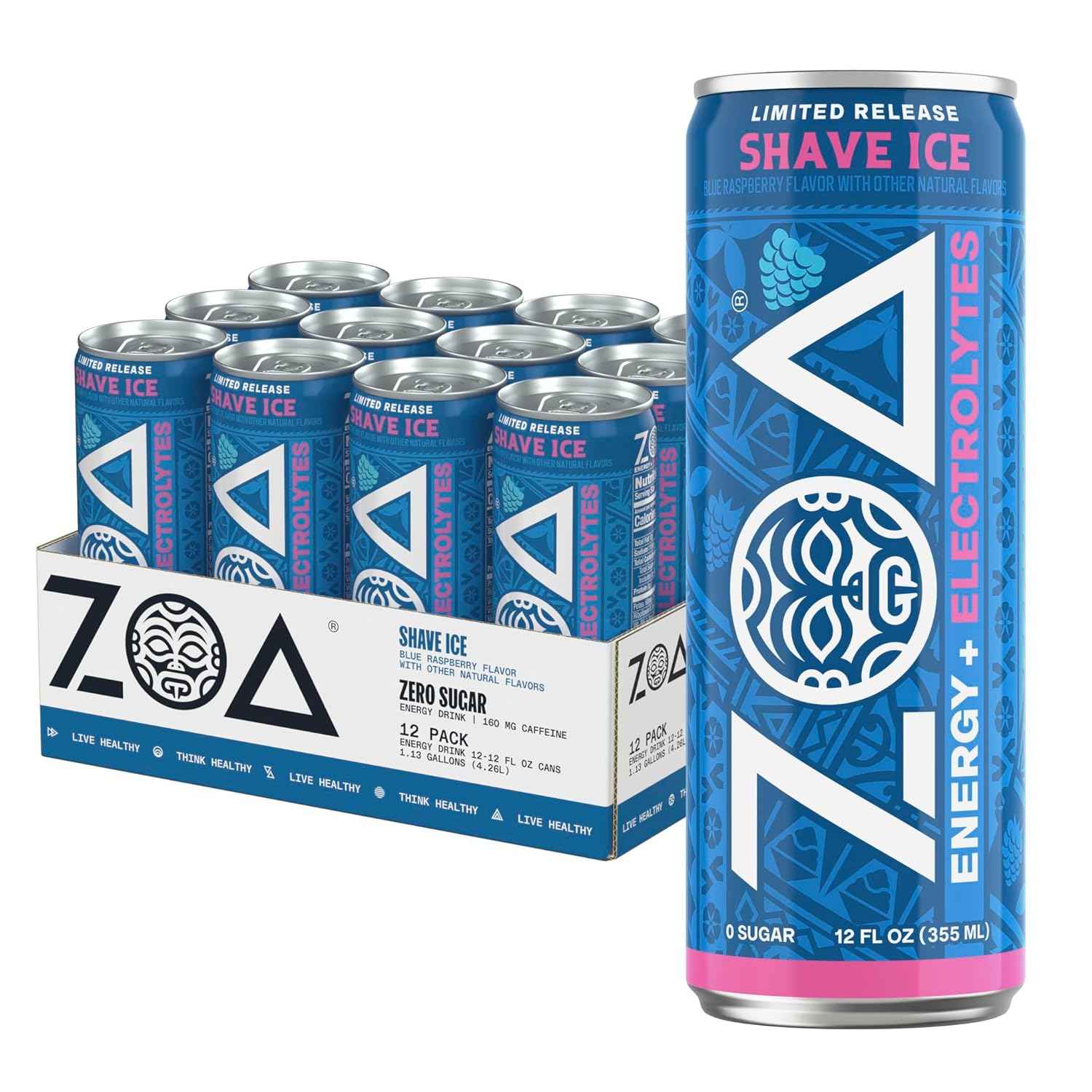 ZOA Sugar Free Energy Drink with Electrolytes, Vitamin C, B Vitamins + Amino Acids, 160 mg Green Tea Caffeine, Zero Sugar, 12 oz Cans, 12 Pack