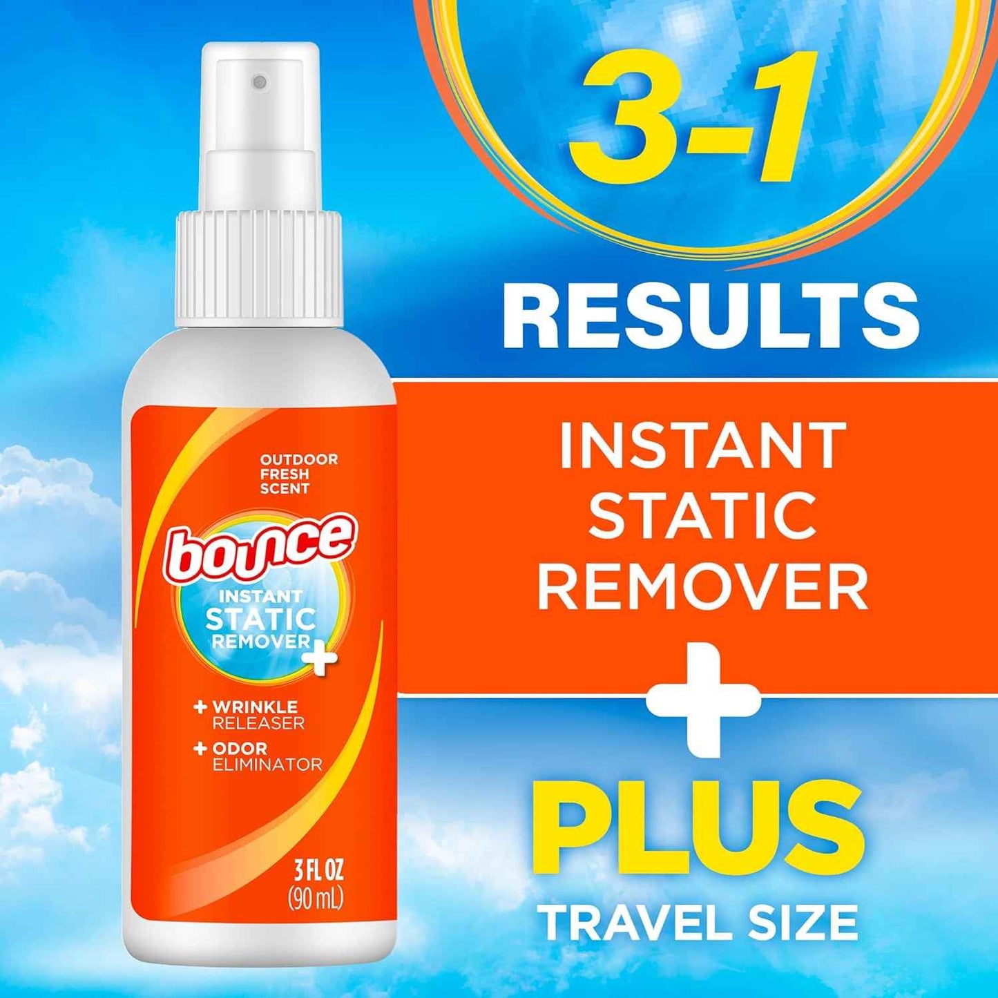 Bounce Anti Static Spray, 3 in 1 Anti Static & Instant Wrinkle Release, Odor Eliminator & Fabric Refresher, Rapid Touch Travel Spray (3 Oz, Pack of 1)