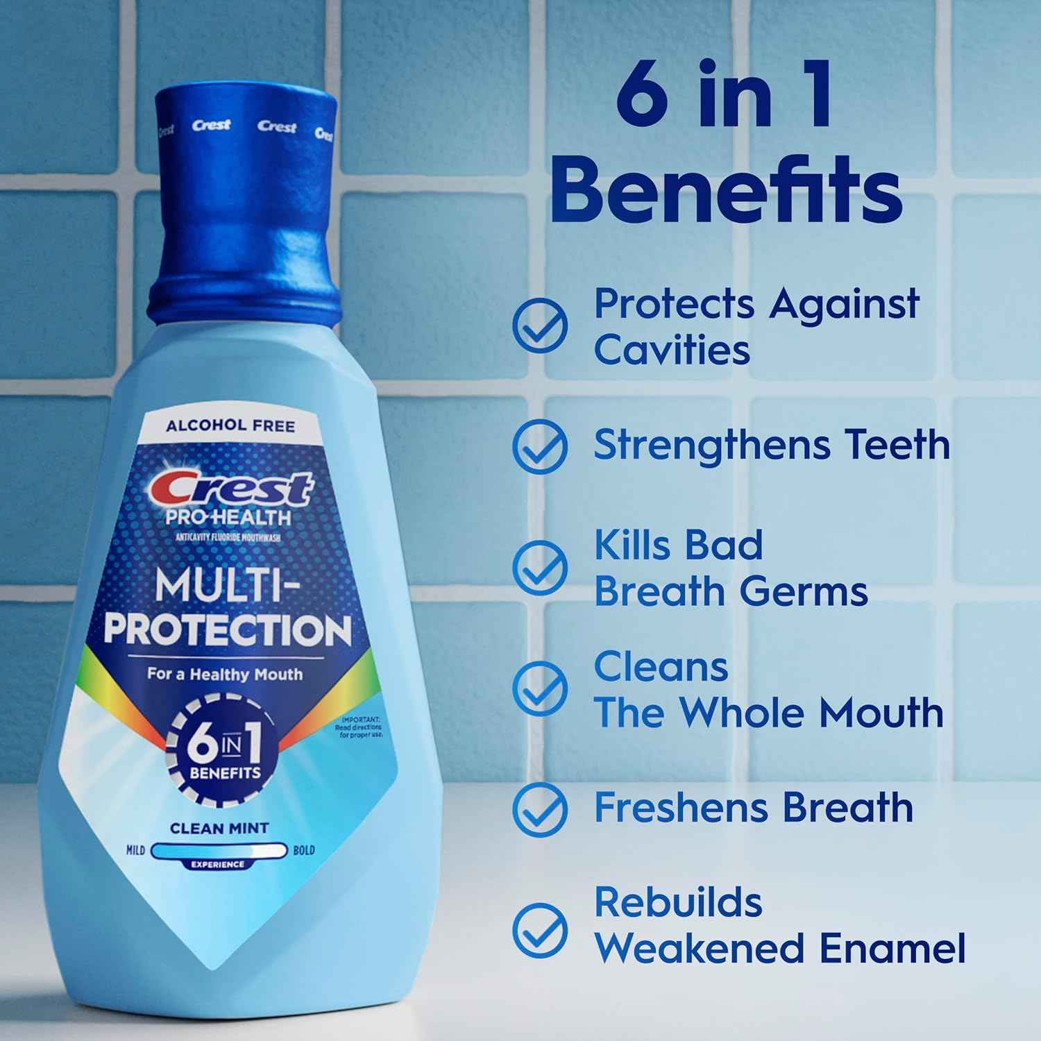 Crest Mouthwash Pro Health Multi-Protection, 1L, 2 Pack, 6-in-1 Benefits, Alcohol Free, Enamel Repair, Breath Freshener, Anti Cavity, Fluoride mouthwash, Bad Breath Treatment for Adults, Contains CPC
