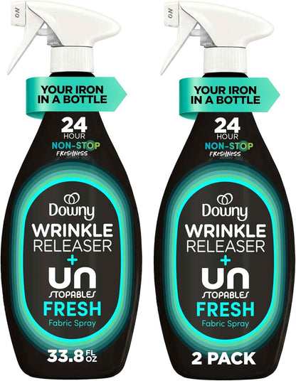 Downy Wrinkle Releaser Spray, All In One Wrinkle Release Spray, Odor Eliminator, Static Remover, Fabric Refresher & Ironing Aid for Clothes, 33.8 Fl Oz, Unstopables Fresh Scent