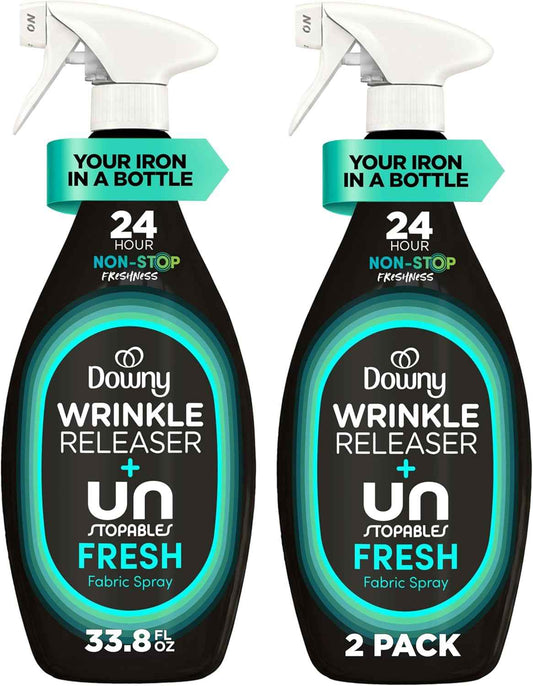 Downy Wrinkle Releaser Spray, All In One Wrinkle Release Spray, Odor Eliminator, Static Remover, Fabric Refresher & Ironing Aid for Clothes, 33.8 Fl Oz, Unstopables Fresh Scent