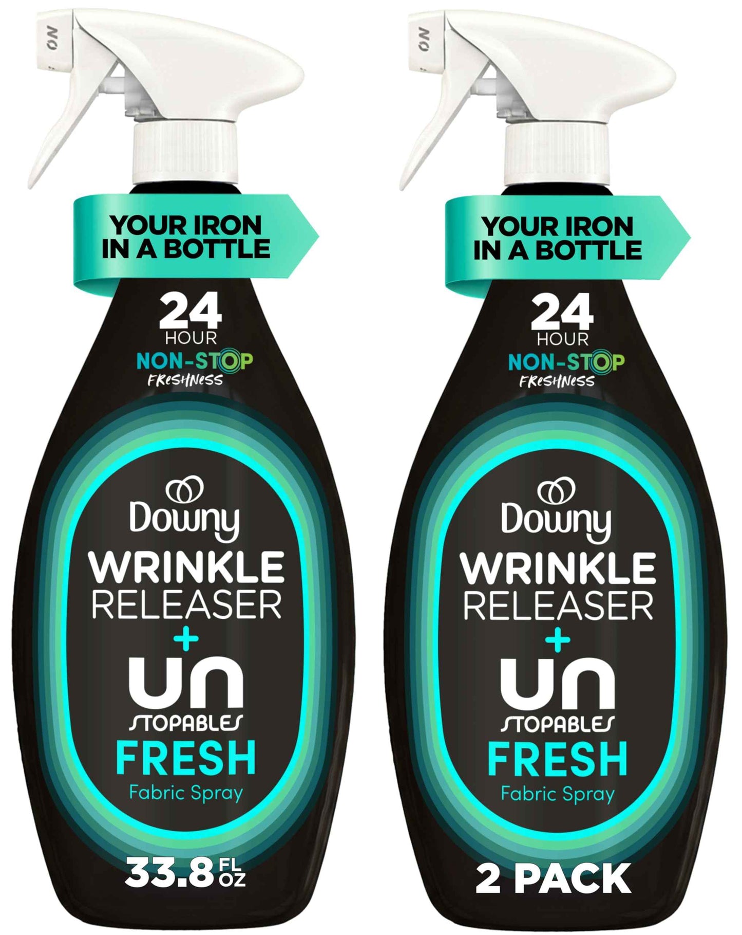 Downy Wrinkle Releaser Spray, All In One Wrinkle Release Spray, Odor Eliminator, Static Remover, Fabric Refresher & Ironing Aid for Clothes, 33.8 Fl Oz, Unstopables Fresh Scent