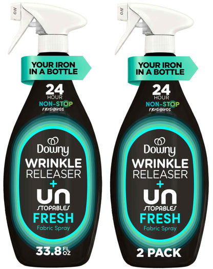 Downy Wrinkle Releaser Spray, All In One Wrinkle Release Spray, Odor Eliminator, Static Remover, Fabric Refresher & Ironing Aid for Clothes, 33.8 Fl Oz, Unstopables Fresh Scent