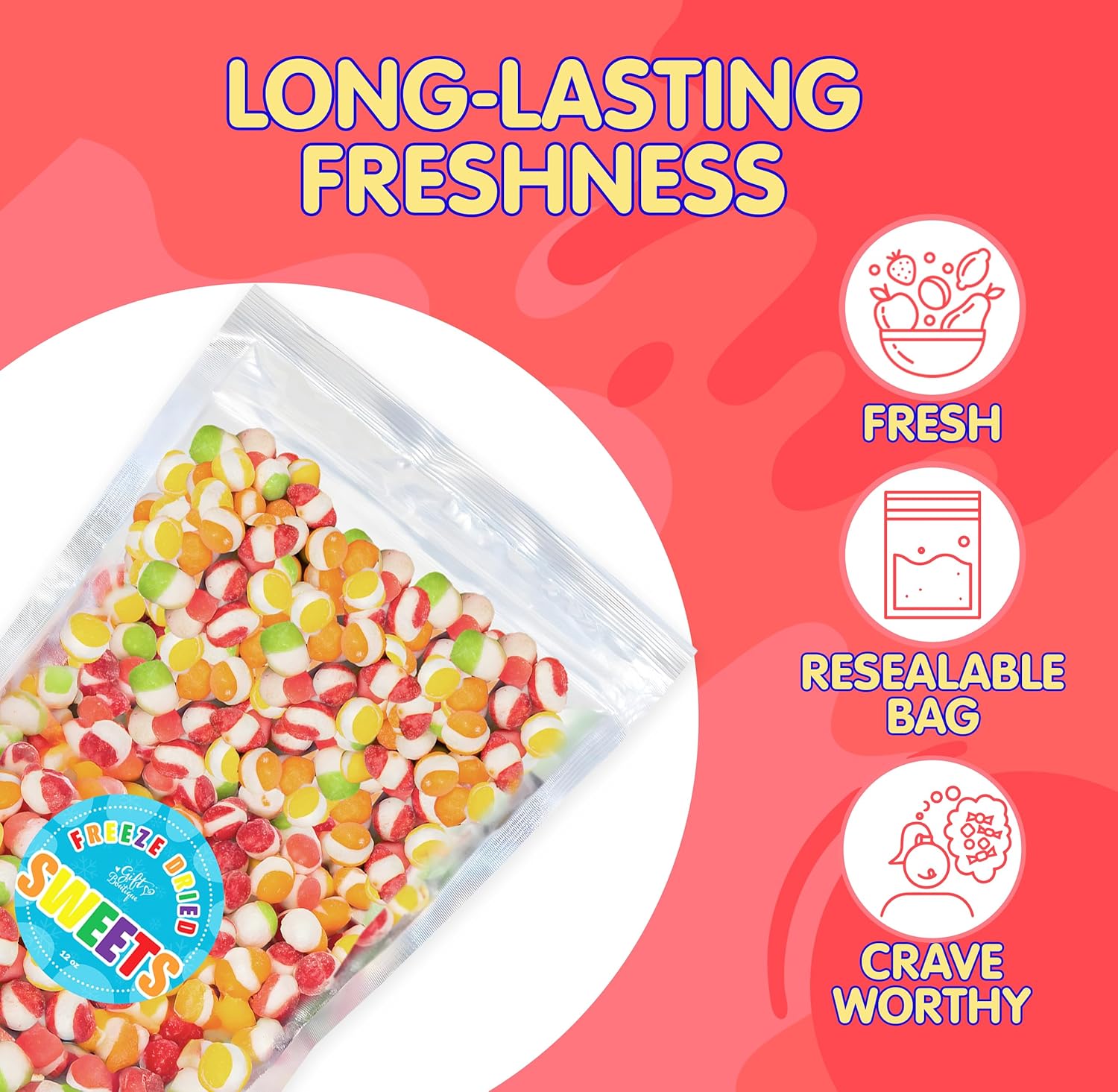 Freeze_Dried_Candy_Gourmet_Crunch_Candies_12oz_Bag_Pouch_Assorted_Cherry_Strawberry_Lemon_Lime_Orange_Original_Rainbow_Fruity_Flavor_Ideal_Gift_Snack
