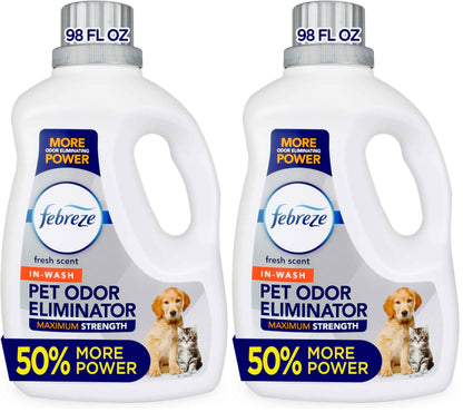 Febreze Laundry Detergent Additive for Pet Supplies, Maximum Strength In Wash Pet Odor Eliminator, Designed to Remove Tough Odors in Fabrics and Clothing in a Single Wash, Fresh Scent, 98 fl oz