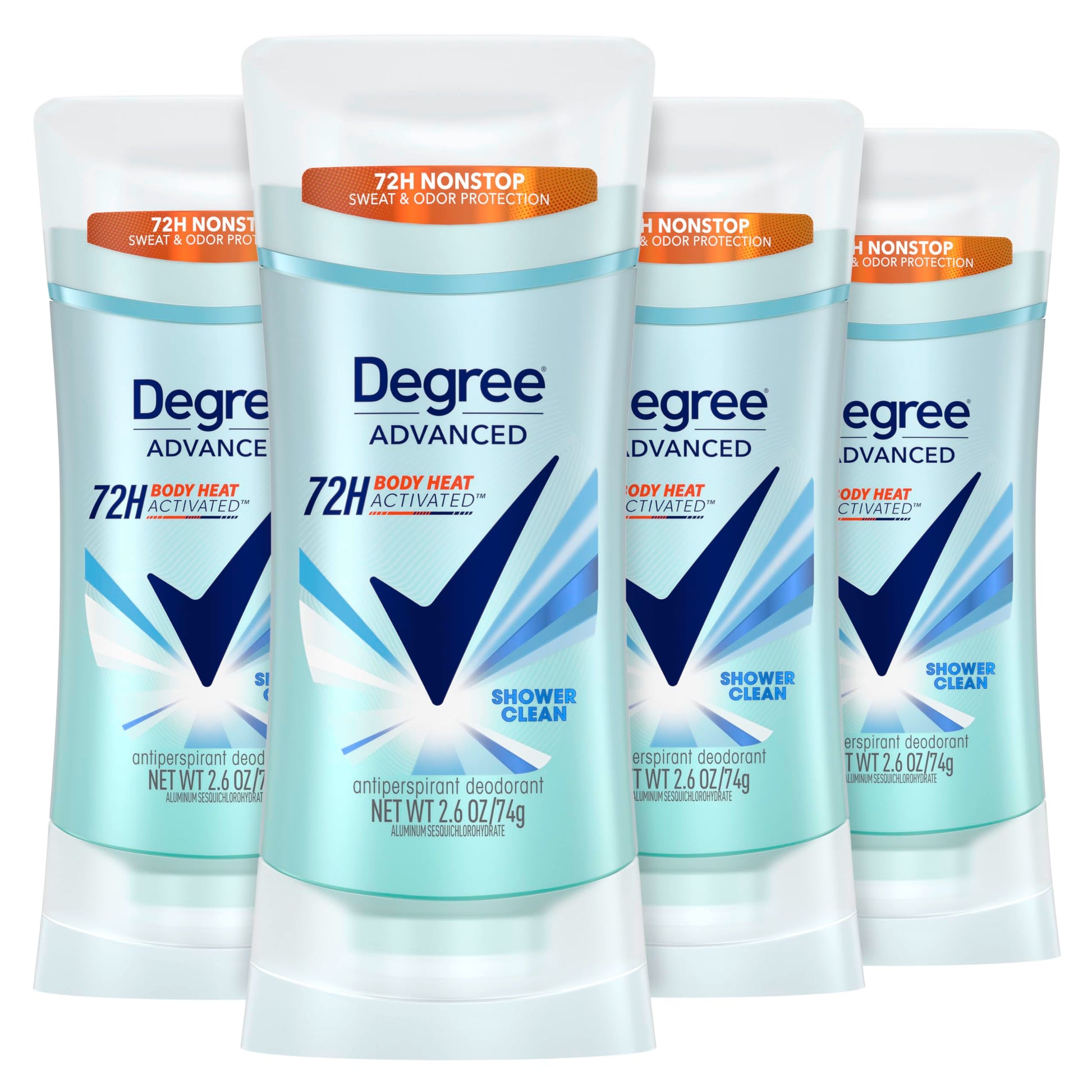 Degree Advanced Antiperspirant Deodorant 4 count 72-Hour Sweat &amp;amp; Odor Protection Shower Clean Antiperspirant for Women with MotionSense Technology 2.6 oz