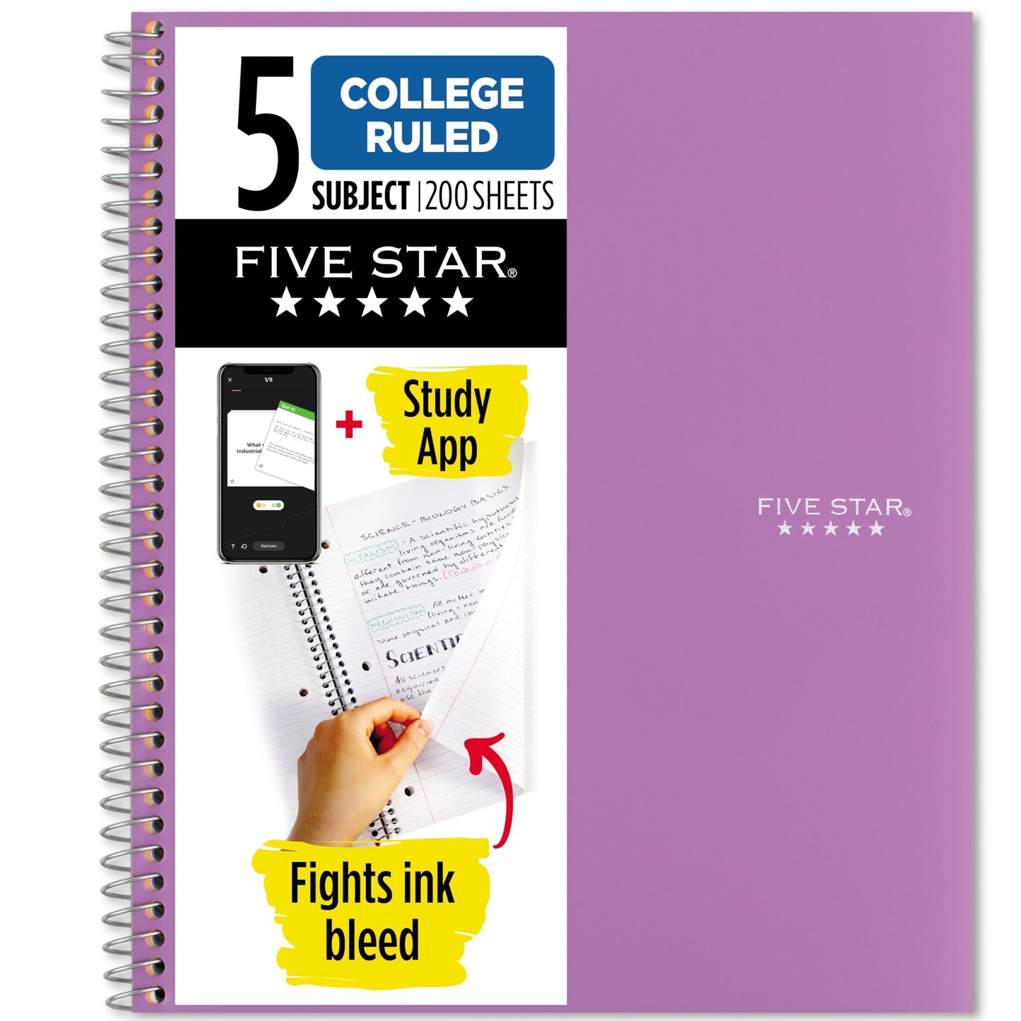 Five Star Spiral Notebook + Study App, 5 Subject, College Ruled Paper, 8-1/2&amp;#34; x 11&amp;#34;, 200 Sheets, Fights Ink Bleed, Water Resistant Cover, Amethyst Purple (38748)