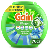 Gain Flings Liquid Washing Detergent Pacs, Now with Odor Defense + Color Guard, Waterfall Delight Scent, 4-In-1 Liquid Laundry Detergent Pods, Clean & Fresh