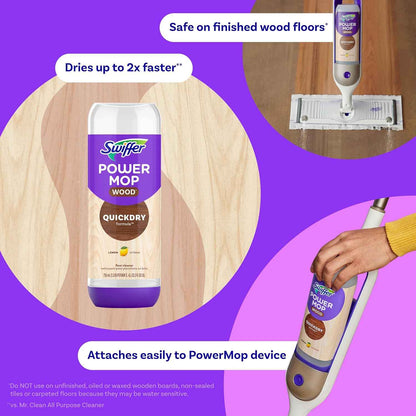 Swiffer Power Mop Wood Refill Solution, QuickDry Hardwood Floor Cleaner for Mopping Home, Bathroom, Kitchen, All Purpose Multi-Surface Solution for Floor Cleaning, Lemon Scent, 50.6oz