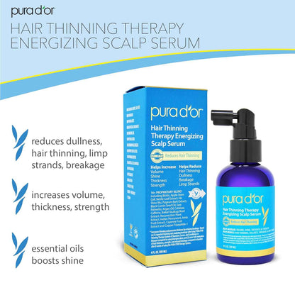 PURA D'OR Hair Thinning Therapy Energizing Scalp Serum: Copper Tripeptide, Biotin, Caffeine, Plant Stem Cell, Catalase & DHT Balance, Rosemary Green Tea Leaf Extract, All Hair Types, Men Women