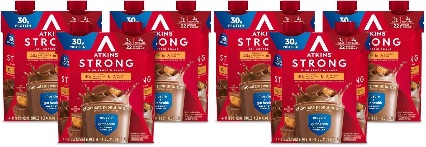 Atkins Strong High Protein Shake, 30g Protein, 7g Prebiotic Fiber, 1g Sugar, GLP-1 Support, Muscle & Gut Health Support Complex