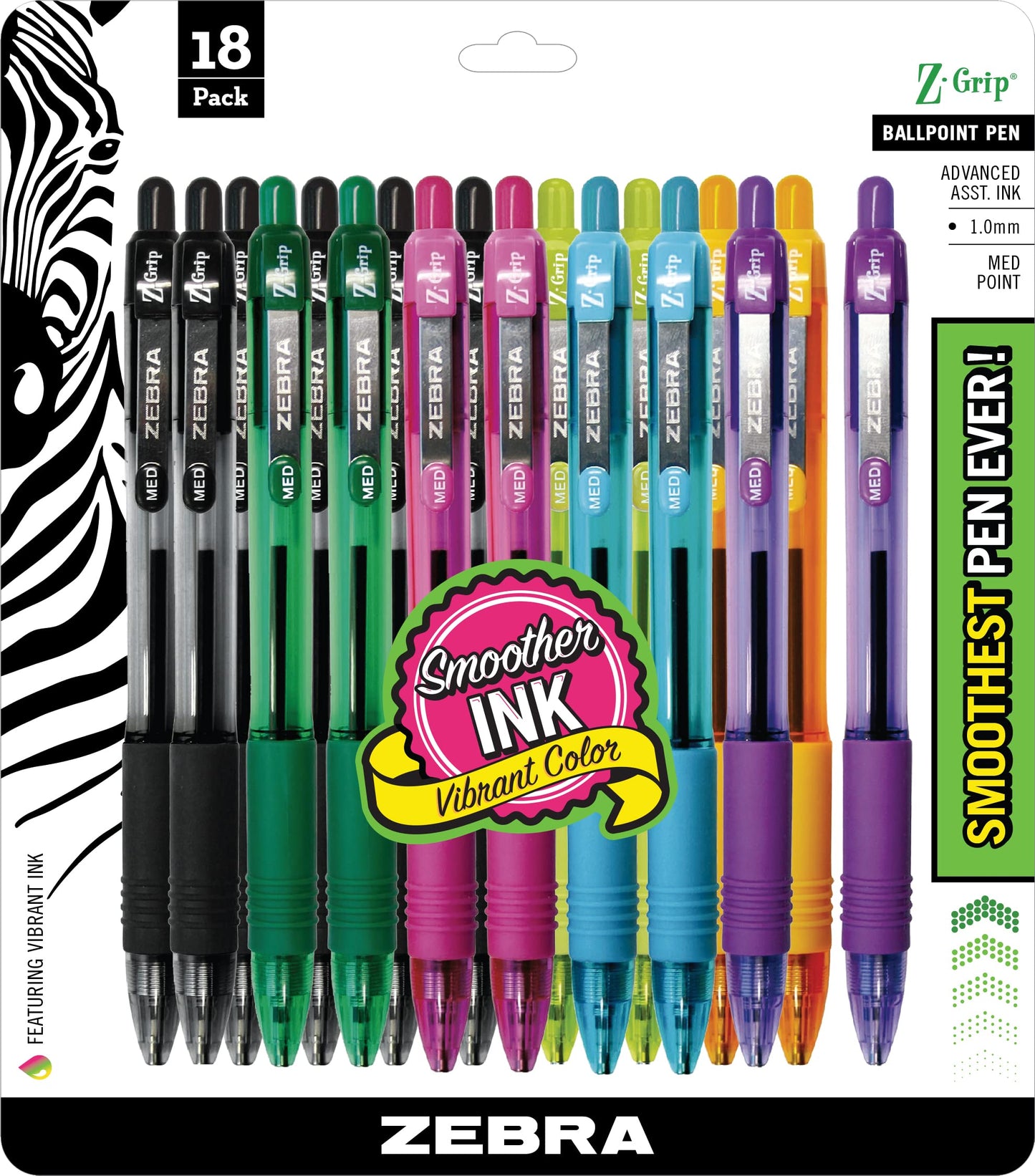 Zebra Pen Z-Grip Retractable Ballpoint Pen, Smooth-Flowing Assorted Fashion Colors, 1.0mm Medium Point, School &amp;amp; Office Supplies, Ideal for Note-Taking, Journal and Planner Use, 18-Pack (22208)