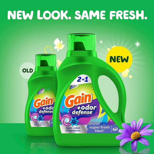 Gain Odor Defense Liquid Laundry Detergent, Super Fresh Blast Scent, 2 in 1, Laundry Detergent Liquid Soap, HE compatible