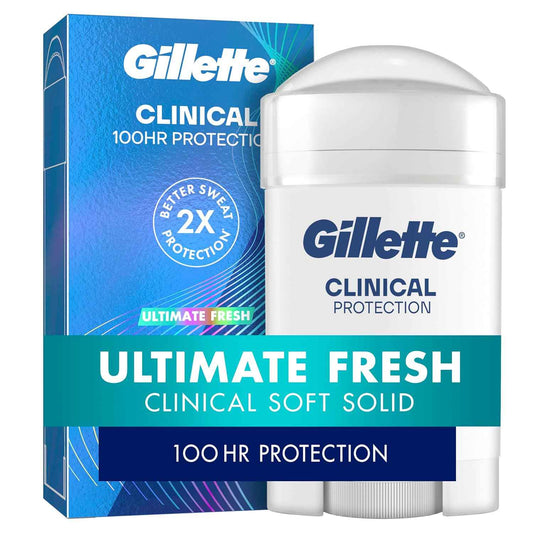 Gillette Clinical Antiperspirant and Deodorant for Men, 100HR Sweat & Odor Protection, Long Lasting Freshness, Anti-White Mark Technology, Gentle on Skin, Soft Solid, Ultimate Fresh Scent, 2.6 oz