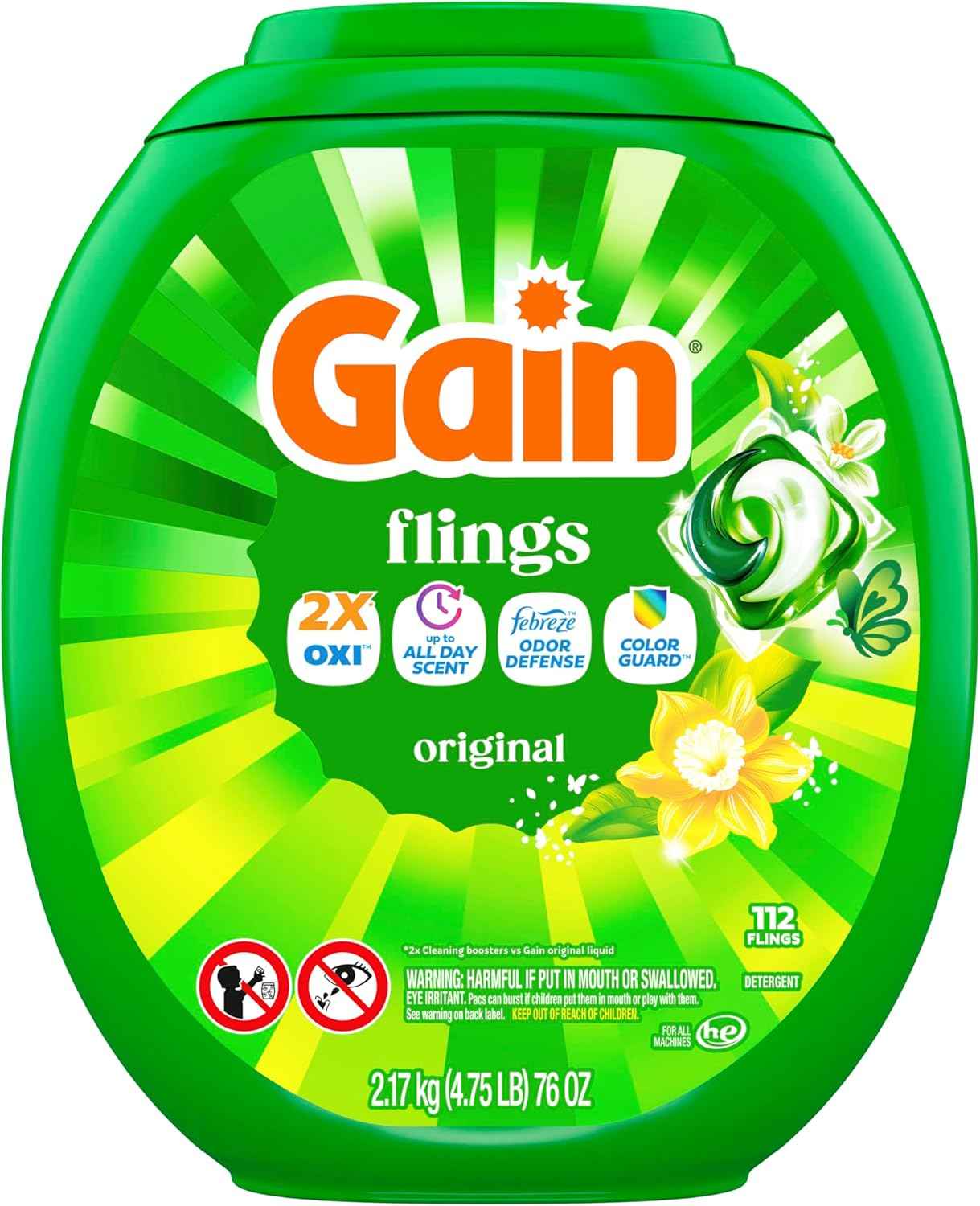 Gain Flings Liquid Washing Detergent Pods, Now with Odor Defense + Color Guard, Original Scent, 4-In-1 Liquid Laundry Detergent Pacs, Clean & Fresh, 112 Count (Packaging May Vary)